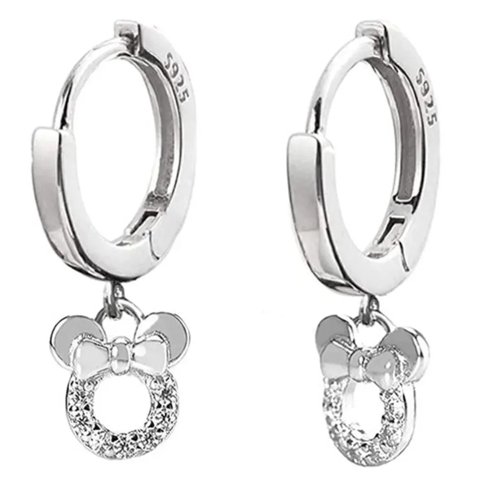 925 Sterling Silver and Diamond Cubic Zircona Minnie Mouse Hoop Huggie Earrings